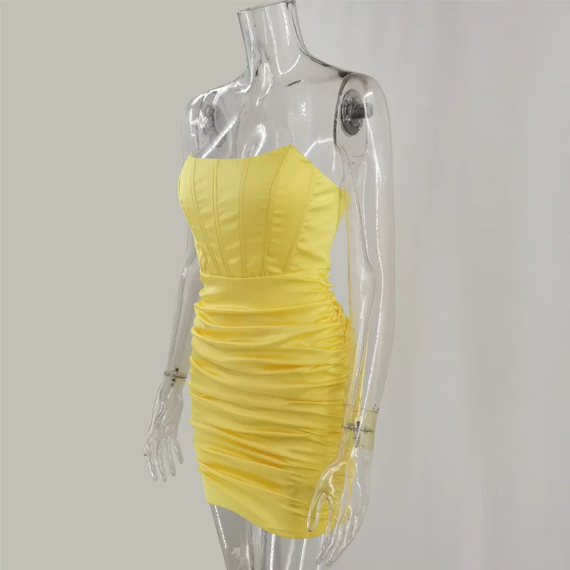 Satin Strapless Ruched Dress For Women Summer Off-shoulder Sleeveless Bodycon Party Clubwear Mini Dresses Vestidos