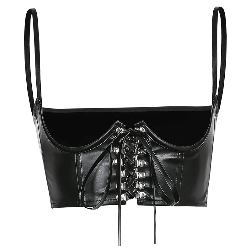 Streetwear Gothic Dark PU Leather Crop Top Women Hook Lace Up Punk Style Tank Top Cummerbunds Corset Tops To Wear Out