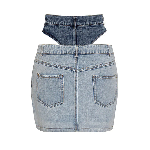 Load image into Gallery viewer, Elegant Patchwork Denim Women Skirt High Waist Hollow Out Hit Color Mini Skirts For Female Fashion Clothes
