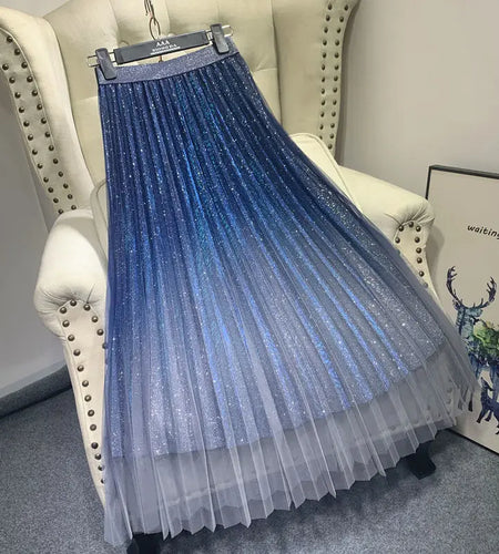 Long Tulle Skirts Womens Gradient Shine Fall Winter Mujer Faldas Elegant Fashion Ladies High Waist Vintage Midi Skirt Female