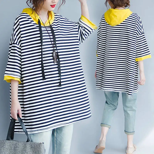 Load image into Gallery viewer, T-shirt Women's Hooded T-shirt Stripe Loose Top  Korean Casual Short Sleeve Tops Women's T-shirts With Short Sleeve Hoodie
