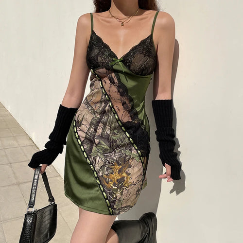 Load image into Gallery viewer, Grunge Fairycore V Neck Lace Patchwork Y2K Slip Dress Female Vintage Fashion Printed Y2K Aesthetic Summer Dress Sexy
