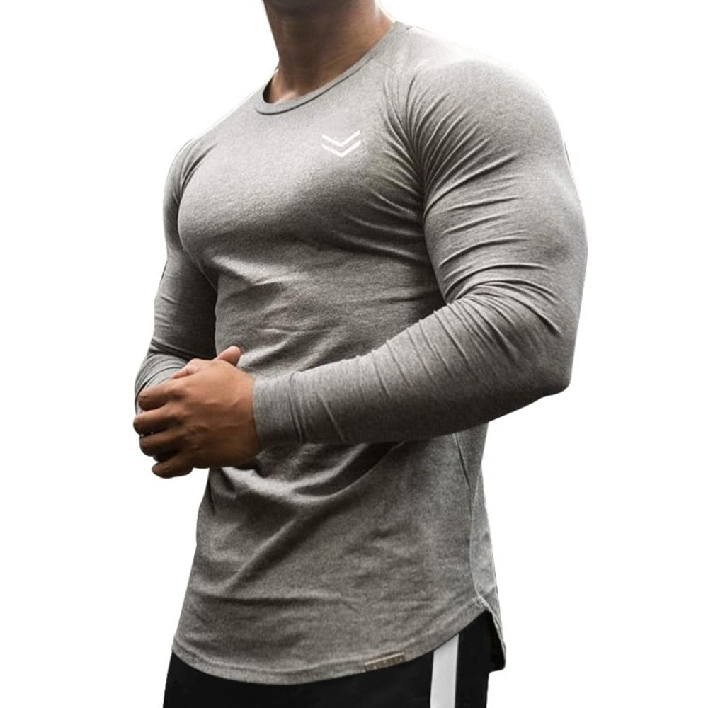 Casual Long Sleeve T-shirt Men Gym Fitness Workout Skinny Shirt Autumn Male Cotton Bodybuilding Tee Tops Sport Training Clothing