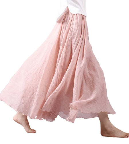 Summer Women Skirt Linen Cotton Vintage Long Skirts Elastic Waist Boho Beige Pink Maxi Skirts Faldas Saia