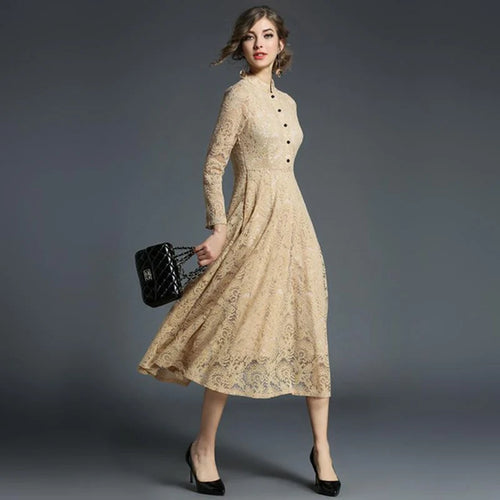 Load image into Gallery viewer, Spring Autumn Lace Long Dress Women Stand Neck Long Sleeve Slim Office Work Dress Female Elegant Party Dresses
