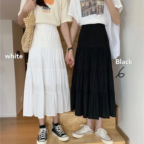 Load image into Gallery viewer, Spring Summer Women Chiffon Skirts Vintage High Waist Elastic Patchwork White Black Chic Long Cake A-line Skirt for Student
