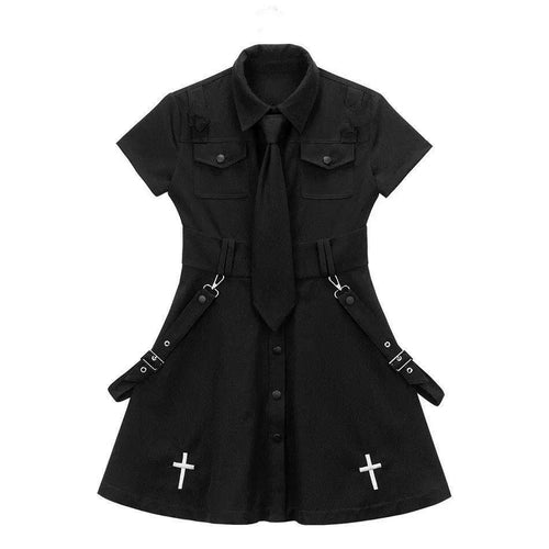 Load image into Gallery viewer, Goth Dress Punk Gothic Harajuku Summer Black Mini Dress Shirt Women Short Sleeve Emo Clothes Mall Goth Dark Academia
