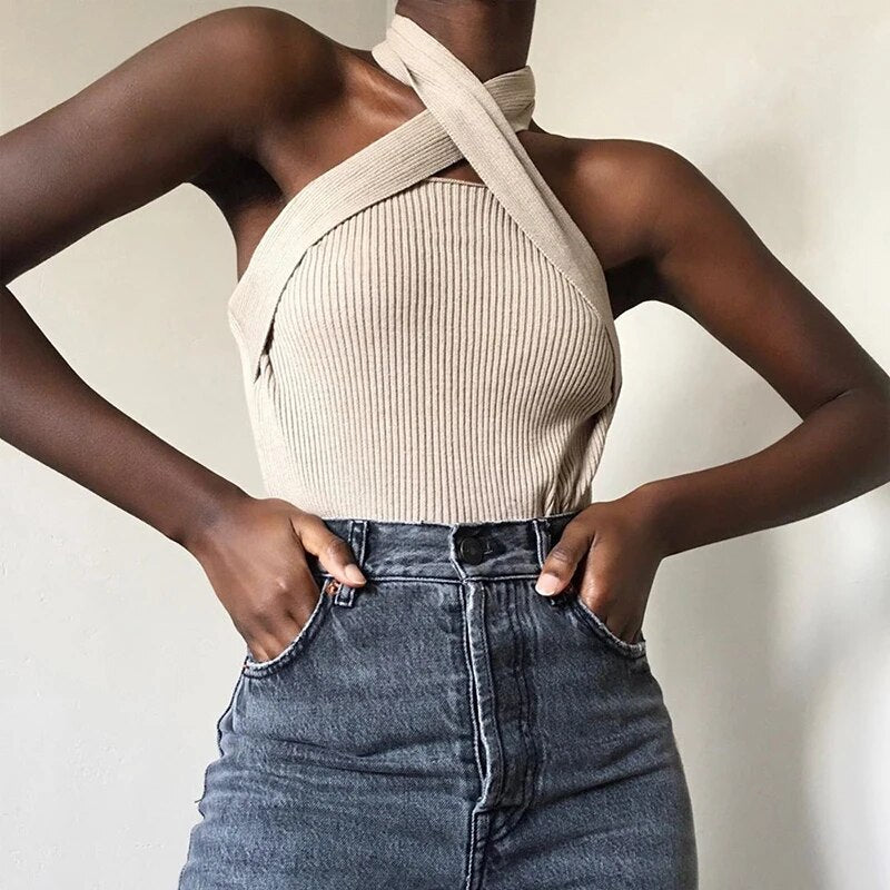 Elegant Sleeveless Sexy Women Sweater Halter Off Shoulder Slim Knitted Tops Female Fashion Summer Clothes