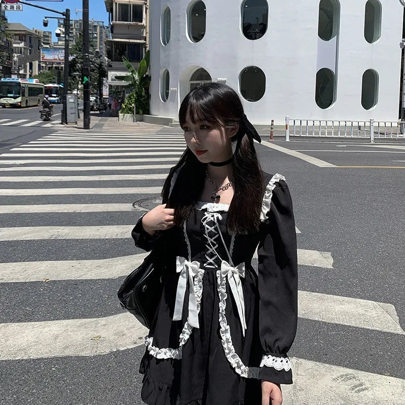 Kawaii Lolita Milkmaid Dress Women Japanese Maid Costume Gothic Lolita Ruffle Bandage Staple Dress Long Sleeve Autumn