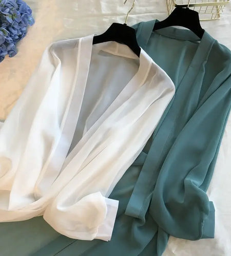 long Jacket Women Summer Thin Loose See-through Sunscreen Pure Long Sleeve Sexy  Coat Chiffon Bohemian Female New Fashion Tops