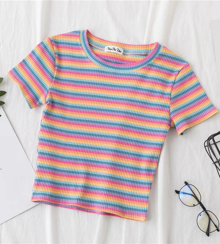New T Shirt Women Rainbow Striped Tops Slim Fit t shirt Harajuku Tshirt Summer Short Sleeve Korean T-shirt feminina Clothes Tops