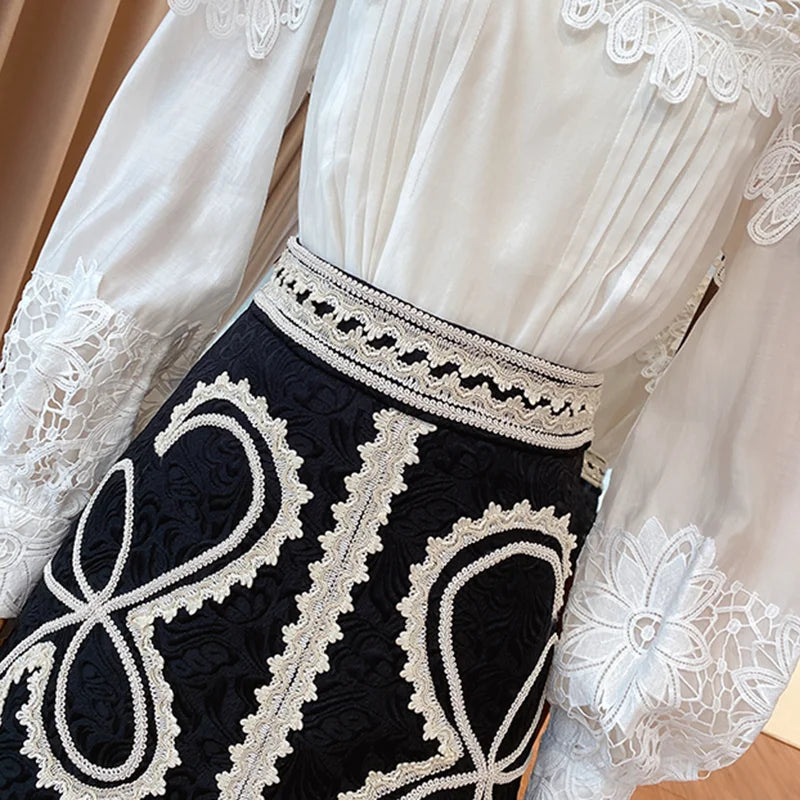 Vintage Patchwork Lace Embroidery Shirt For Women Stand Collar Lantern Sleeve Ruched Elegant Blouse Female