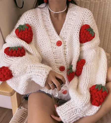 Women's Winter Sweater Coat Thick Knitwear Strawberry Chic Crochet Tops Autumn V-neck Loose Vintage Casual Cardigan For Women