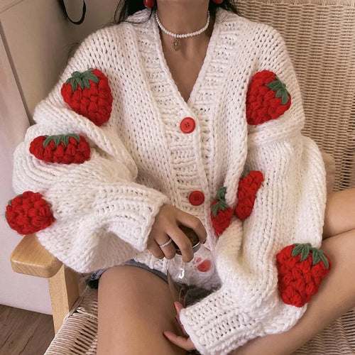 Load image into Gallery viewer, Women&#39;s Winter Sweater Coat Thick Knitwear Strawberry Chic Crochet Tops Autumn V-neck Loose Vintage Casual Cardigan For Women

