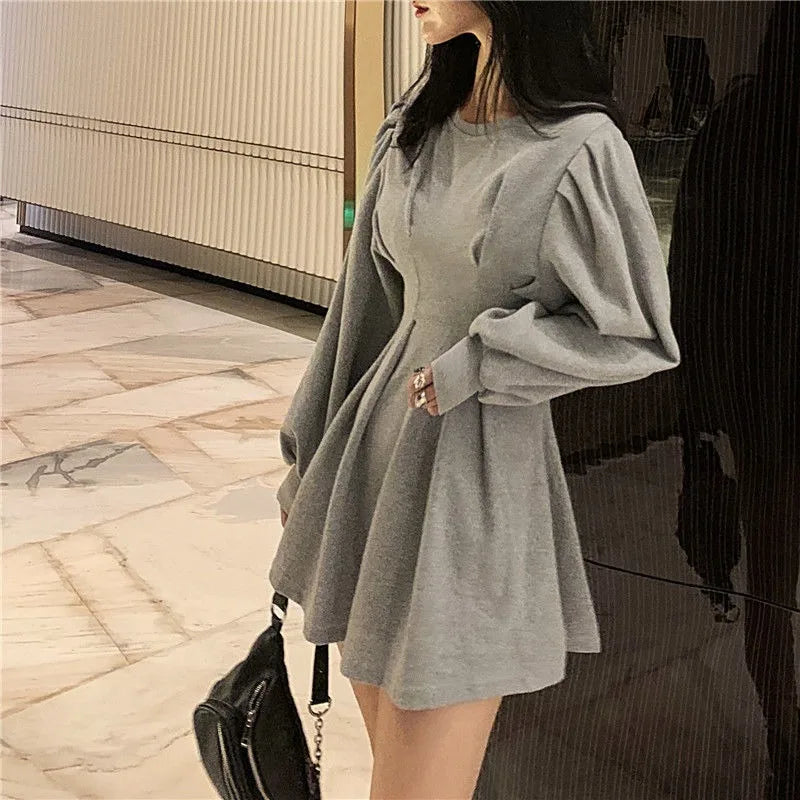 Autumn Black Mini Dress Spring Fashion Korean Style Wrap Long Sleeve Pleated Dress Casual Wrap Streetwear Women Kpop