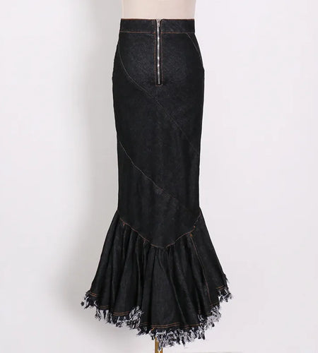 Asymmetrical Bodycon Denim Skirt For Women High Waist Patchwork Tassel Midi Skirts Female Fashion Clothing