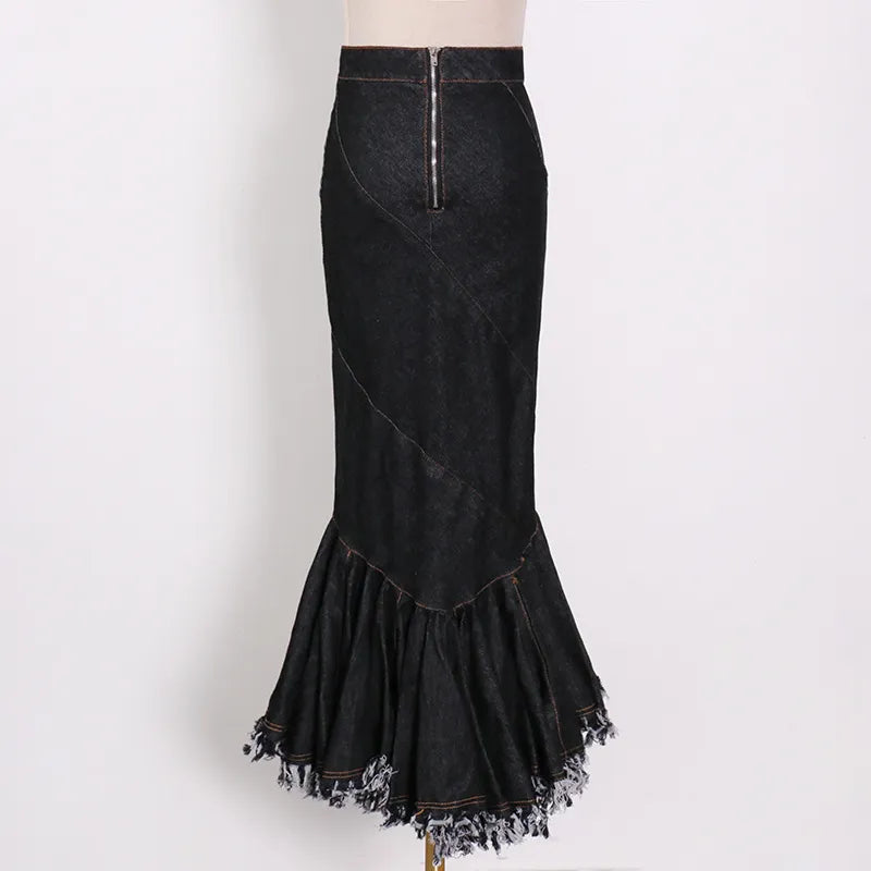 Asymmetrical Bodycon Denim Skirt For Women High Waist Patchwork Tassel Midi Skirts Female Fashion Clothing