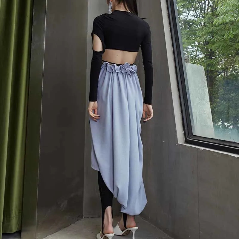 Blue Hollow Out Asymmetrical Sexy Skirt For Women High Waist Solid Mid Skirts Female Summer Clothing Style