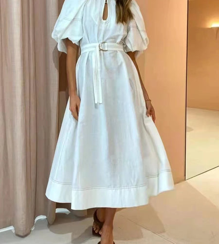 Casual Plain Dress For Women Round Neck Loose Short Puff Sleeve Sashes Lace Up Midi Dresses Female 2022 Summer Fashion Style