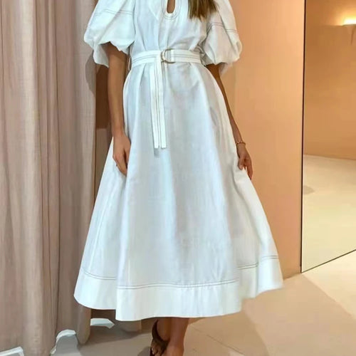 Load image into Gallery viewer, Casual Plain Dress For Women Round Neck Loose Short Puff Sleeve Sashes Lace Up Midi Dresses Female 2022 Summer Fashion Style
