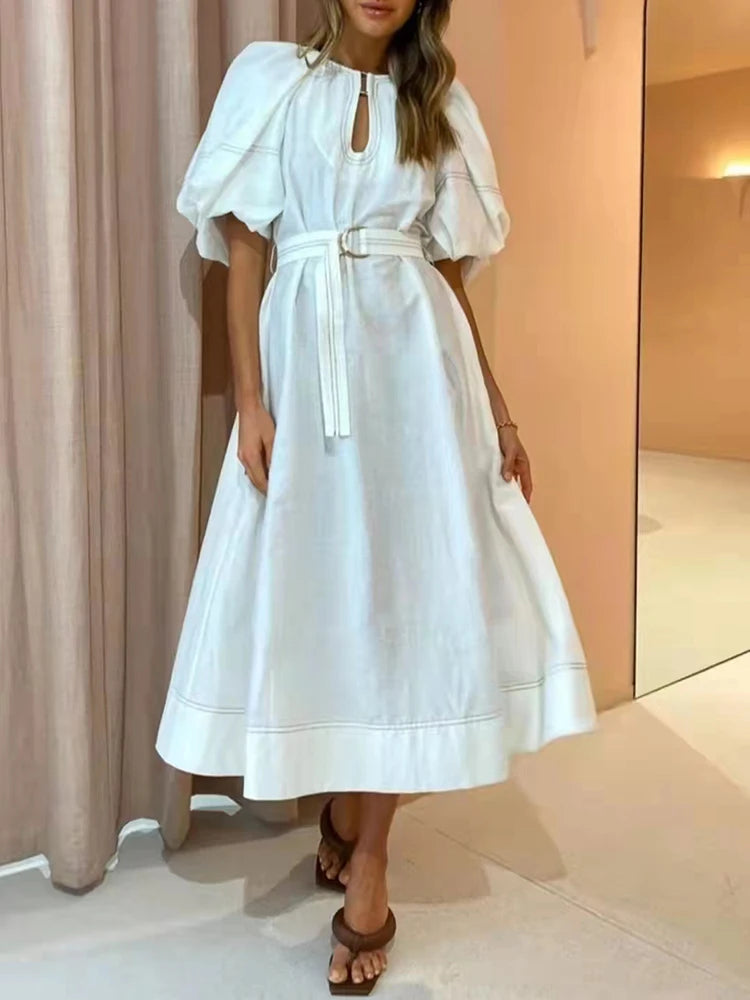 Casual Plain Dress For Women Round Neck Loose Short Puff Sleeve Sashes Lace Up Midi Dresses Female 2022 Summer Fashion Style