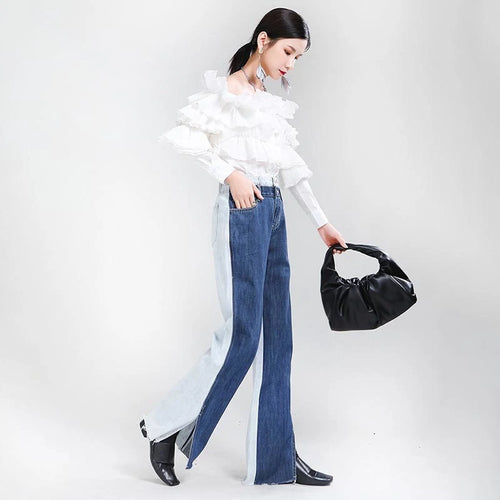 Load image into Gallery viewer, Casual Colorblock Jeans Female High Waist Korean Fashion Split Hem Wide Leg Pants For Women Spring Clothes
