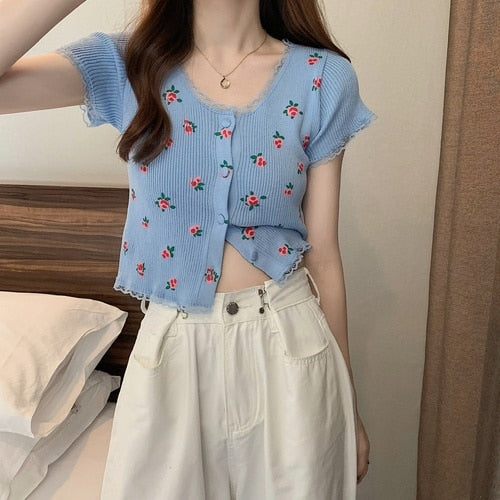 Knitted Cardigan Crop Top Women Summer Floral Lace Patchwork Shirt Single Breasted Cute T Shirts Short Sleeve Tees