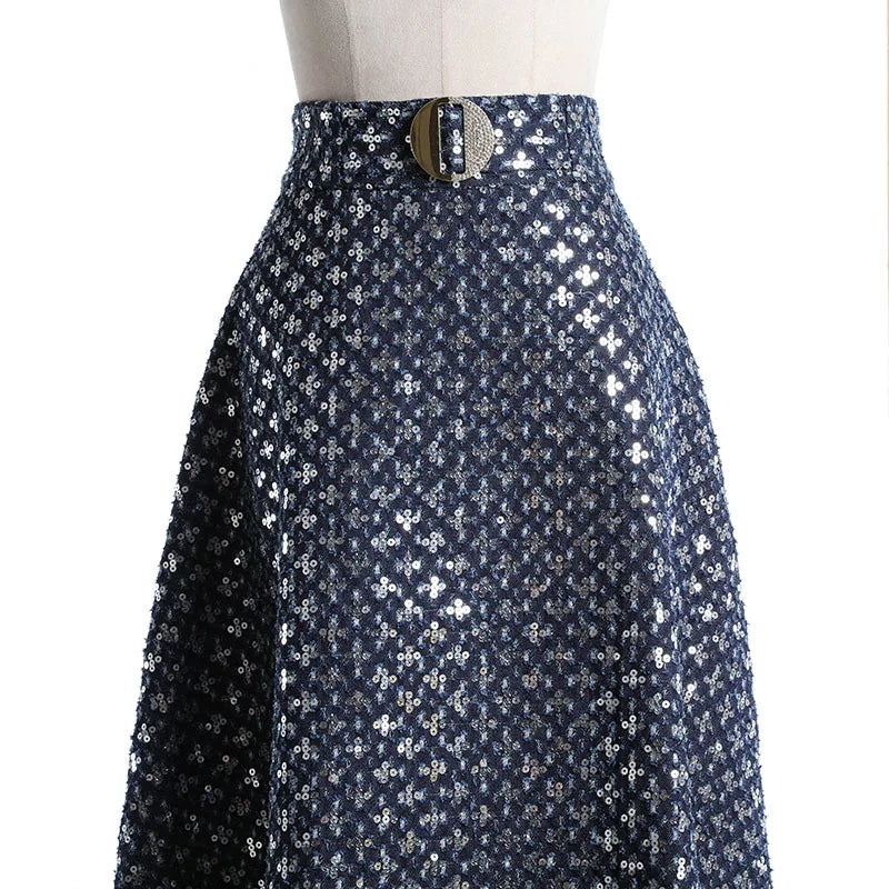 Denim Patchwork Sequin Skirt For Women High Waist Casual A Line Skirts Female Fashion Clothing Spring
