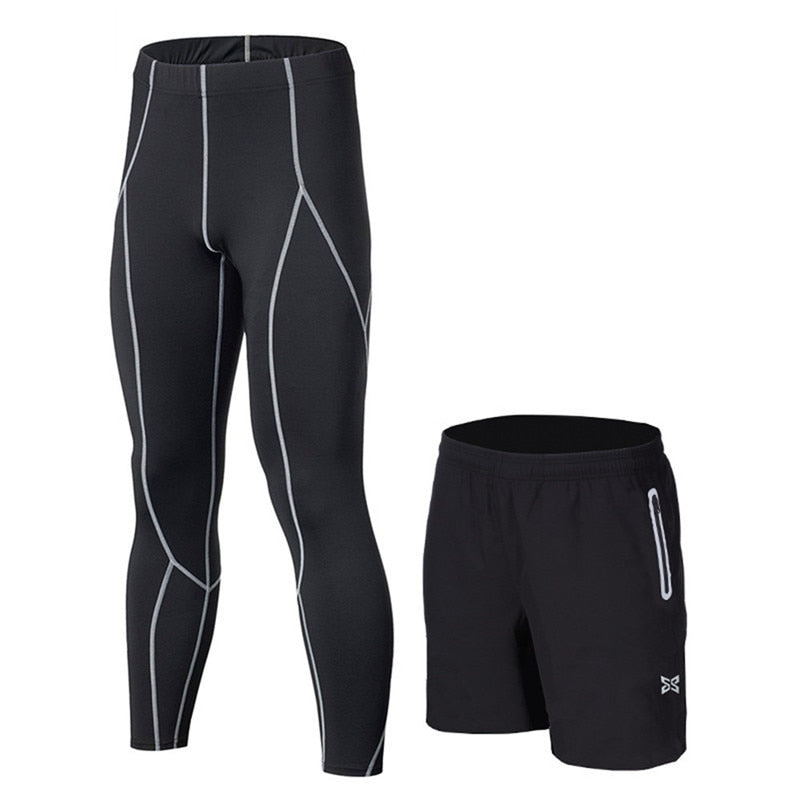 Men Running Tights Shorts Pants Sport Clothing Soccer Leggings Compression Fitness Football Basketball Tights Zipper Pocket 2Pcs