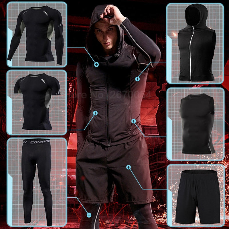 Men's Tight Sportswear Suits Running Sport Sets Gym Compression Sports Clothing Training Pants Fitness Jacket Workout Shorts MMA
