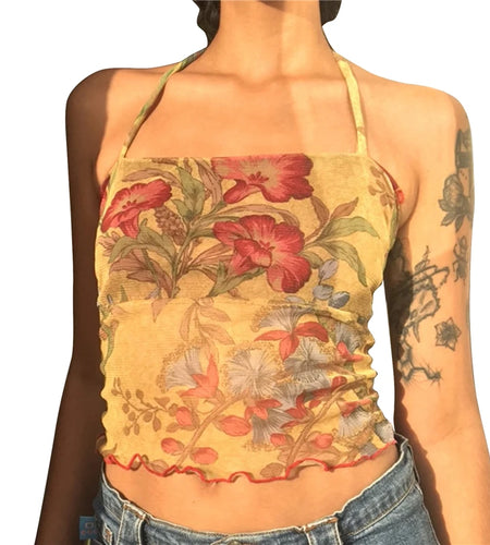 Y2K Mesh Sheer Floral T-shirt E-girl 90s Vintage Halter Tops Women Sleeveless Slim Fit Crop Top Harajuku Streetwear
