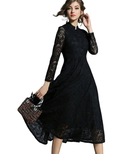 Spring Autumn Lace Long Dress Women Stand Neck Long Sleeve Slim Office Work Dress Female Elegant Party Dresses