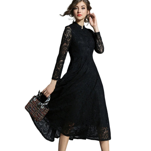 Load image into Gallery viewer, Spring Autumn Lace Long Dress Women Stand Neck Long Sleeve Slim Office Work Dress Female Elegant Party Dresses
