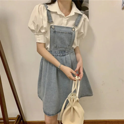 Load image into Gallery viewer, Vintage Denim Dress Sundress Korean Style Casual Mini Summer Women&#39;s Dresses Loose Student  Robe Femme Chic Fashion
