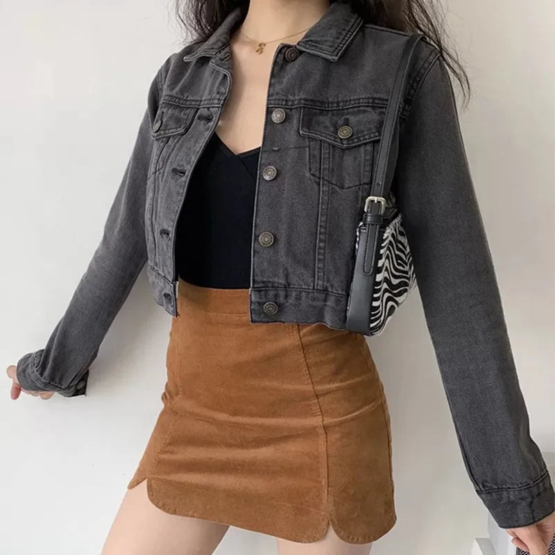 Vintage Black Denim Cropped Jacket Women Dark Gray Long Sleeve Short Jeans Jackets Ladies Fashion Distressed Coats Solid