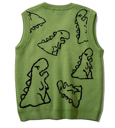 Knitted Sweater Vest Women Men Vintage Dinosaur Jacquard Waistcoat Female 2025 Loose Y2k All-match Pullover Vests