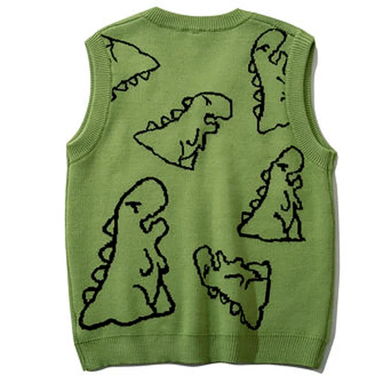 Knitted Sweater Vest Women Men Vintage Dinosaur Jacquard Waistcoat Female 2025 Loose Y2k All-match Pullover Vests