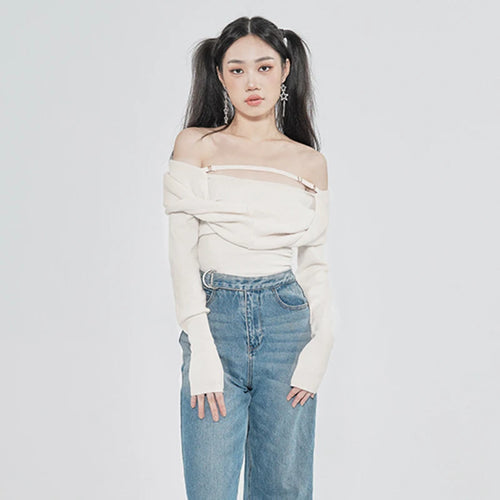 Load image into Gallery viewer, Solid Sexy Sweater For Women Slash Neck Long Sleeve Cut Out Slim Knitting Pullover Female Korean Fashion Clothing Style
