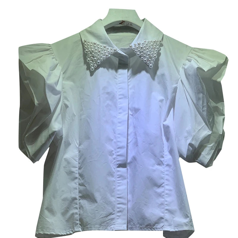 Patchwork Casual Shirts For Women Lapel Short Sleeve Single Breasted Blouses Female Fashion Clothing Style