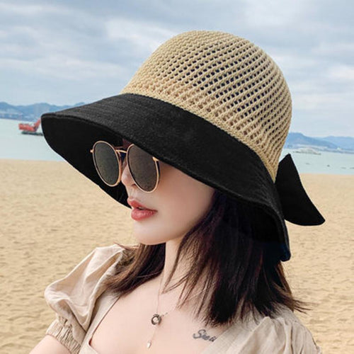 Load image into Gallery viewer, Woman Summer Hats With Visor Hollow Straw Hat Fashion Bow Design Sun Hat Travel Mesh Bucket Hat
