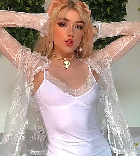 Fashion White Lace Top Women T-shirt Transparent Summer Front Tie Up Crop Tops Retro Cardigan Long Sleeve Tshirt