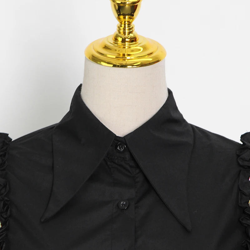 Black Casual Shirt For Women Lapel Lantern Half Sleeve Patchwork Diamonds Designer Straight Blouse Female