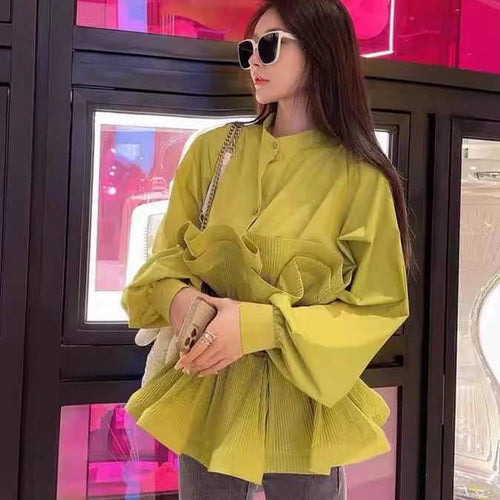 Load image into Gallery viewer, White Patchwork Ruffle Shirt For Women Stand Collar Long Sleeve Sashes Korean Blouse Female Fashion New Clothing 2022 Style
