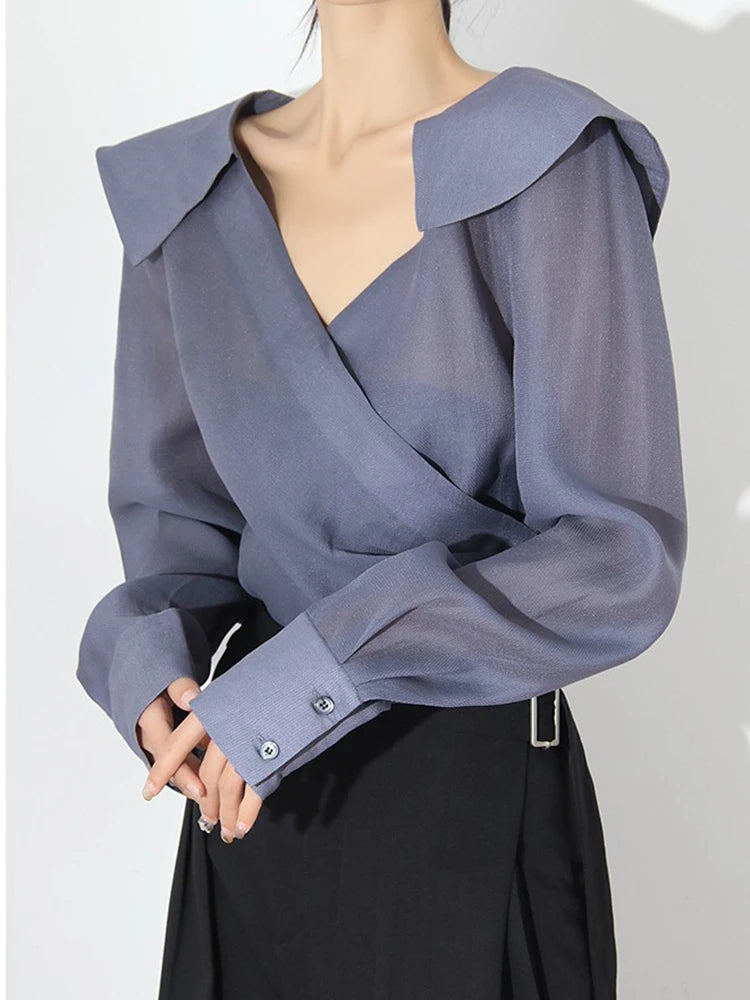 Loose Casual Shirt For Women V Neck Long Sleeve Solid Minimalist Blouses Female Korean Fashion Clothing Style