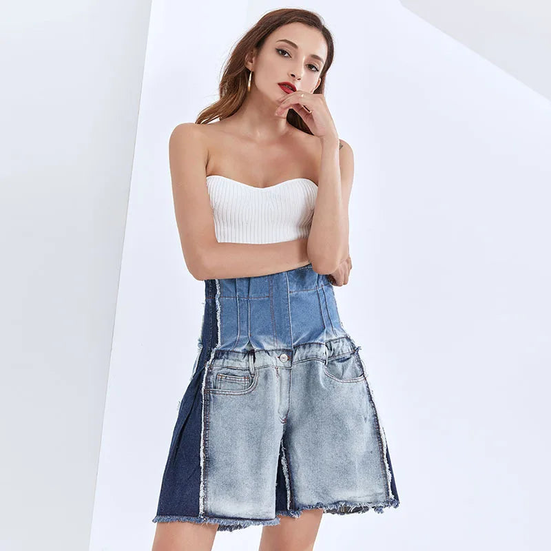 Patchwork Tassel Hit Color Wide Leg Short For Women High Waist Casual Shorts Female Summer Fashion Style