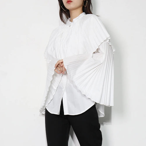 Load image into Gallery viewer, Plain Pleated Casual Shirt For Women Stand Collar Bell Long Sleeve Loose Blouse Female Fashion Clothing
