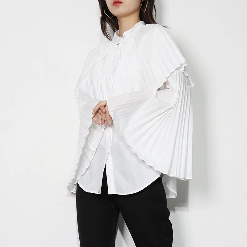 Plain Pleated Casual Shirt For Women Stand Collar Bell Long Sleeve Loose Blouse Female Fashion Clothing