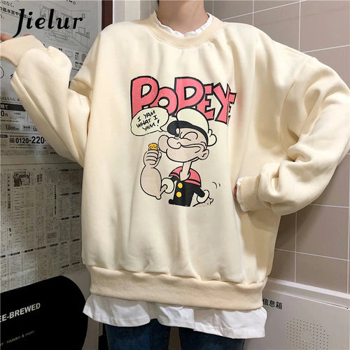 Load image into Gallery viewer, Popeye Cartoon Fake Two Pieces Sweatshirts Female Loose Printed Hoodies Beige Pullovers Kawaii Lovely Women Clothes M-XL
