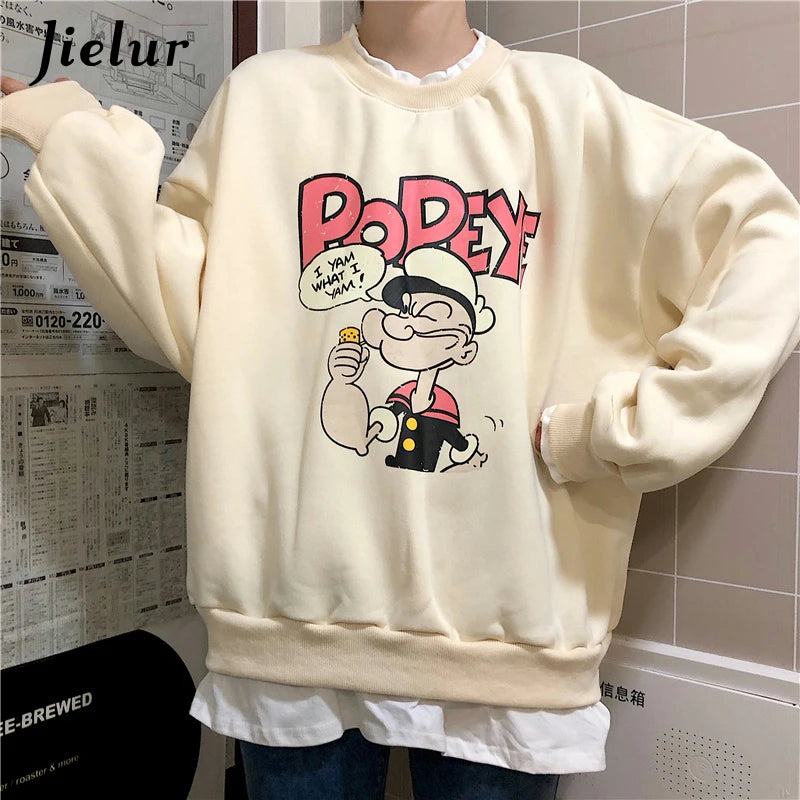 Popeye Cartoon Fake Two Pieces Sweatshirts Female Loose Printed Hoodies Beige Pullovers Kawaii Lovely Women Clothes M-XL