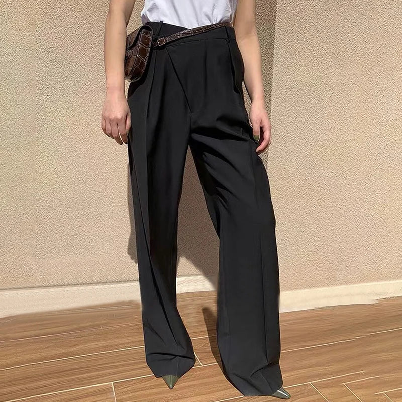 Casual Women Pants High Waist Ruched Loose Irregular Long Stragiht Trousers Female Spring Fashion Clothing